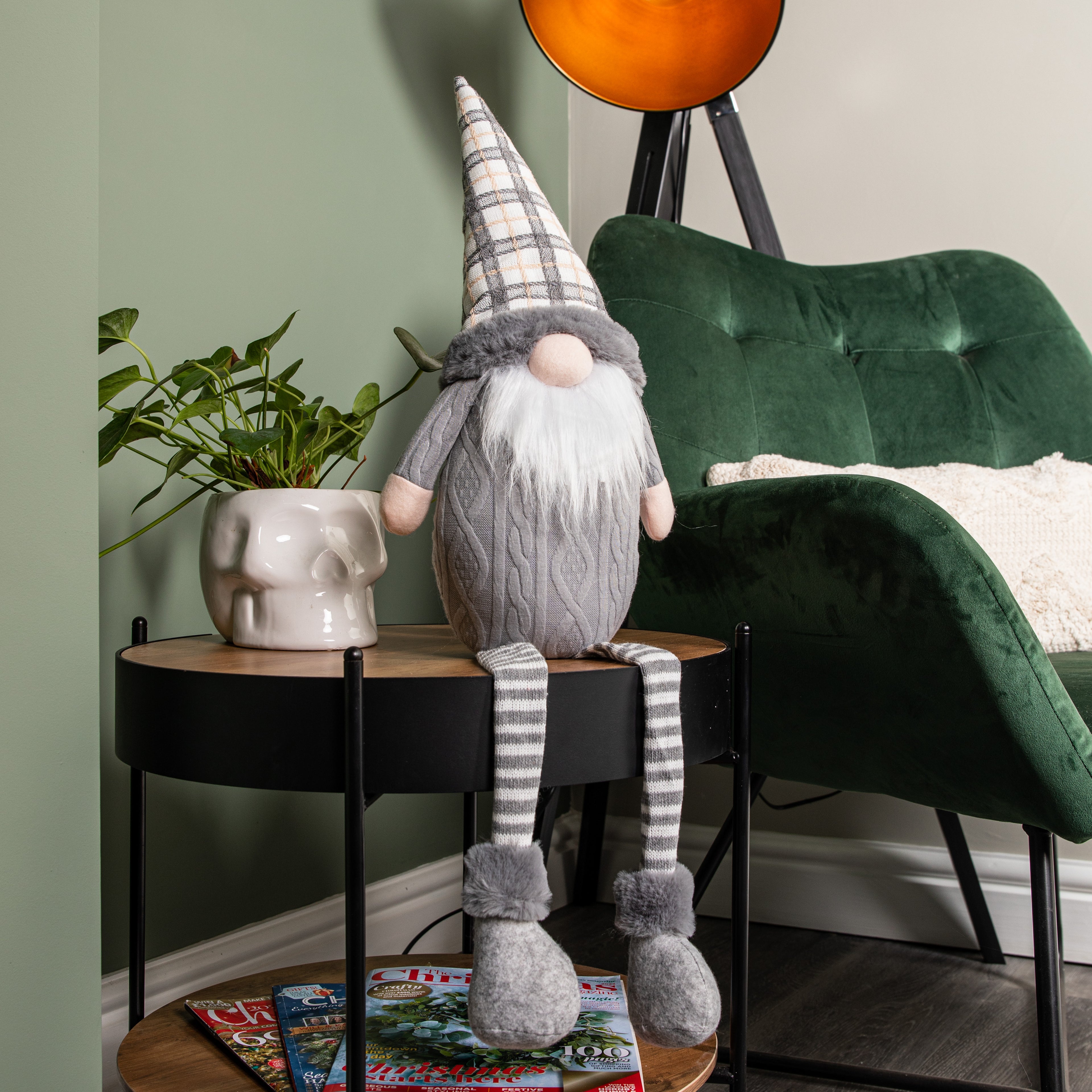 73cm Grey Sitting Christmas Gonk Decoration with Tartan Hat and Dangly Legs