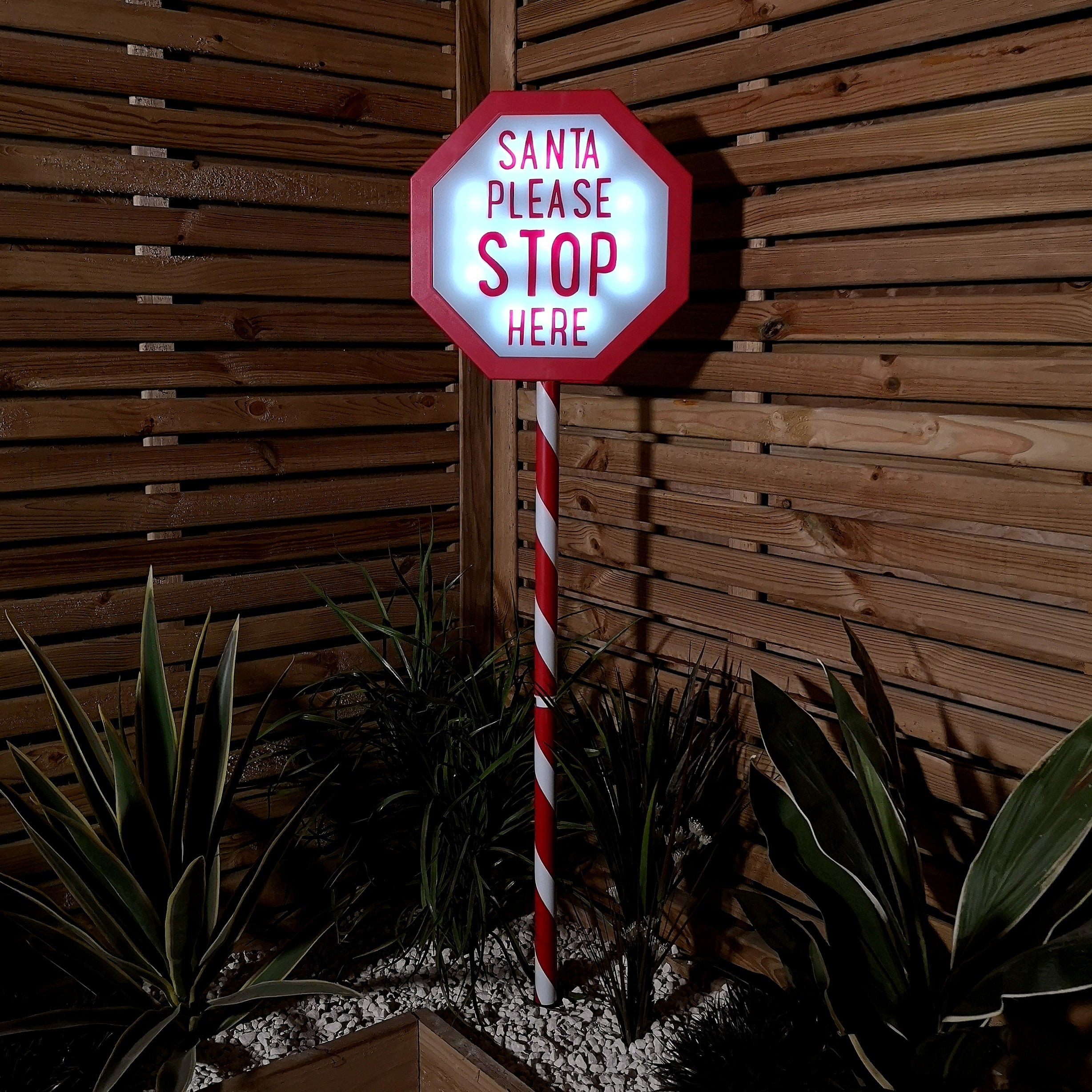 1.1m Battery Operated Light up Santa Stop Here LED Christmas Sign 