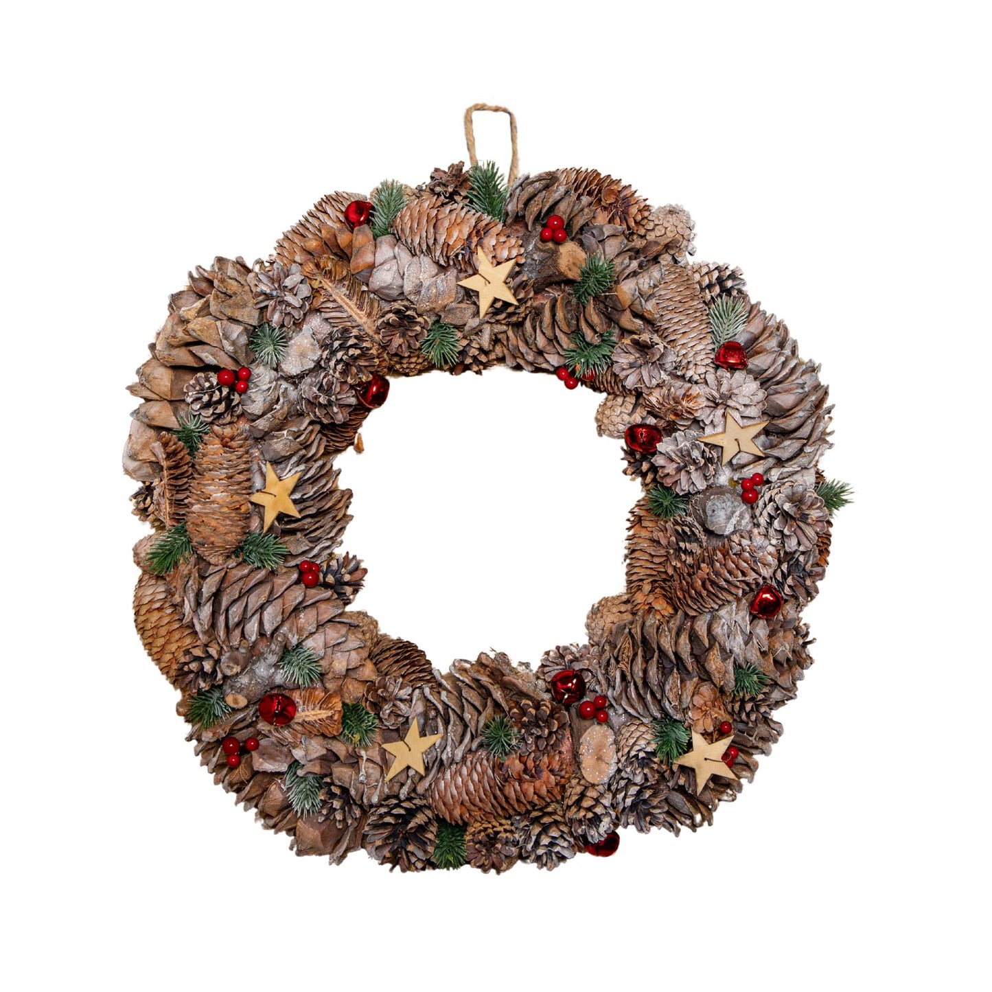 50cm Frosted Hanging Christmas Wreath with Red Jingle Bells & Wooden Stars