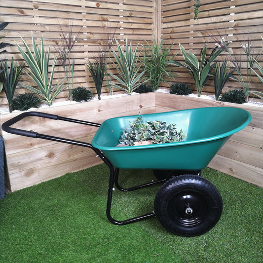 Heavy Duty 2 Wheel Outdoor Pneumatic Plastic Garden Wheelbarrow in Green