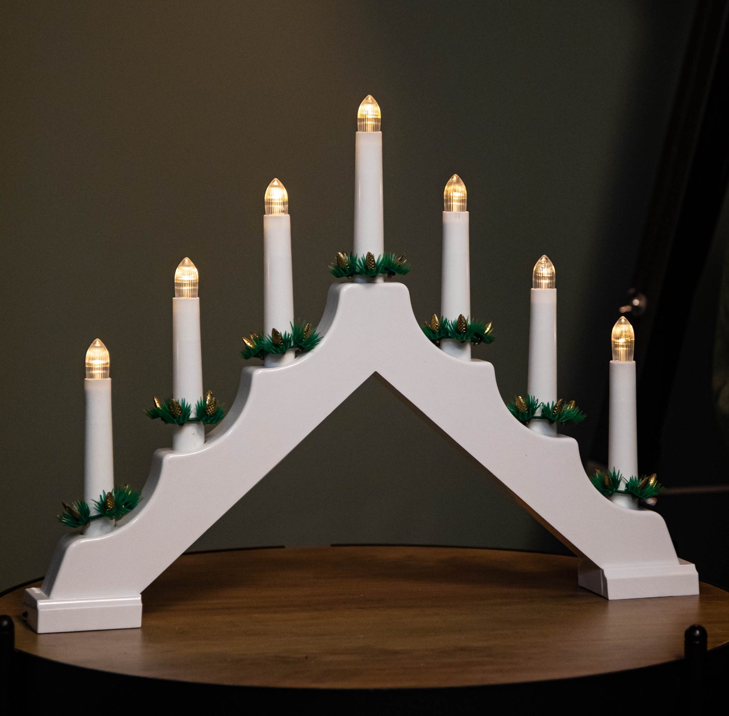 41cm Battery Operated Light up White Wooden Christmas Candle Bridge with 7 Warm White LEDs