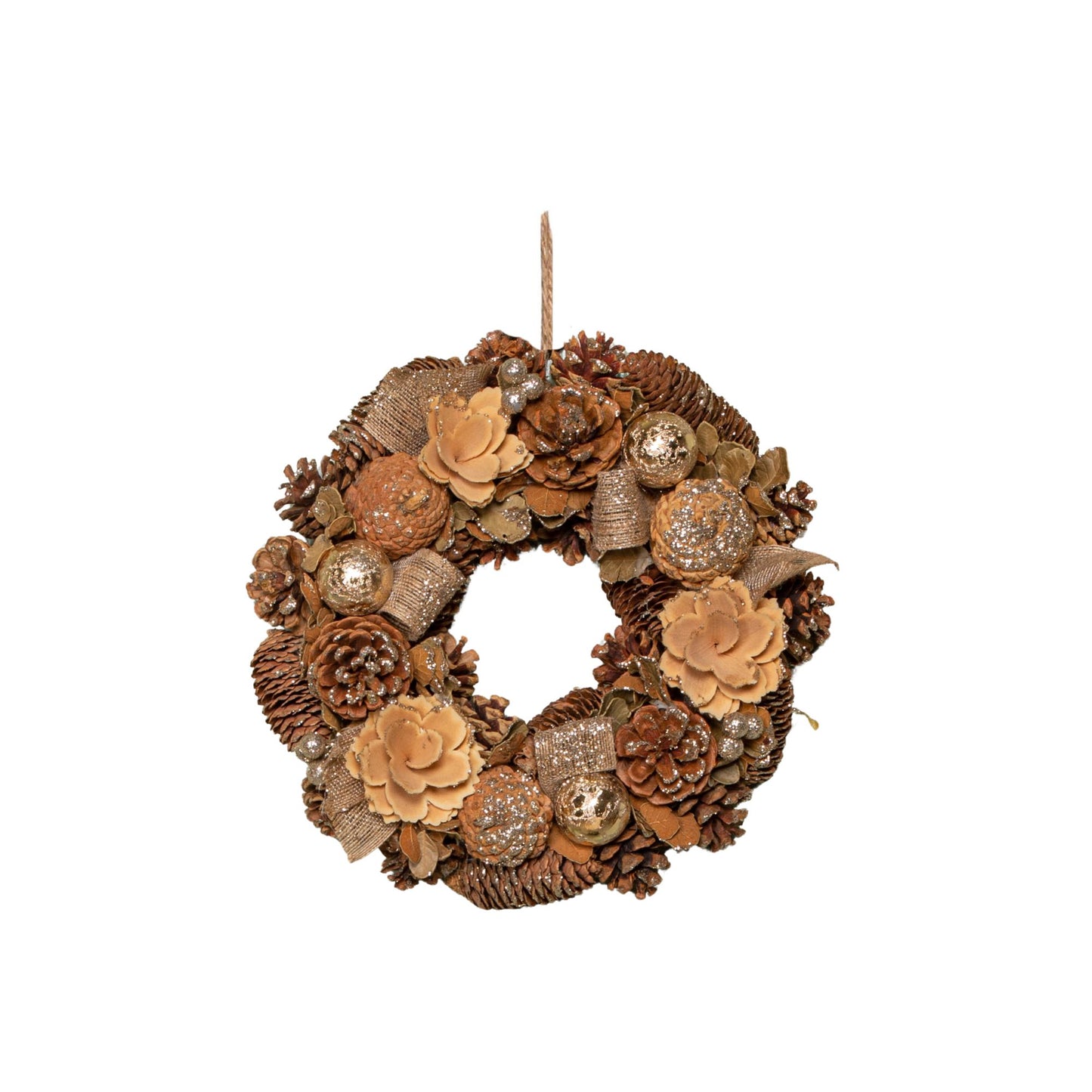 30cm Hanging Christmas Gold Fest Wreath with Pinecones and Gold Berries