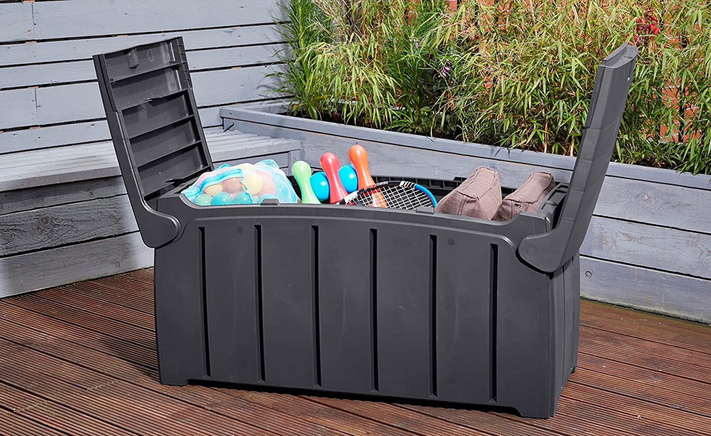 Black 115cm x 55cm x 60cm Butterfly Opening Top 300 Litre Large Garden Storage Box Weatherproof with Padlock Hole