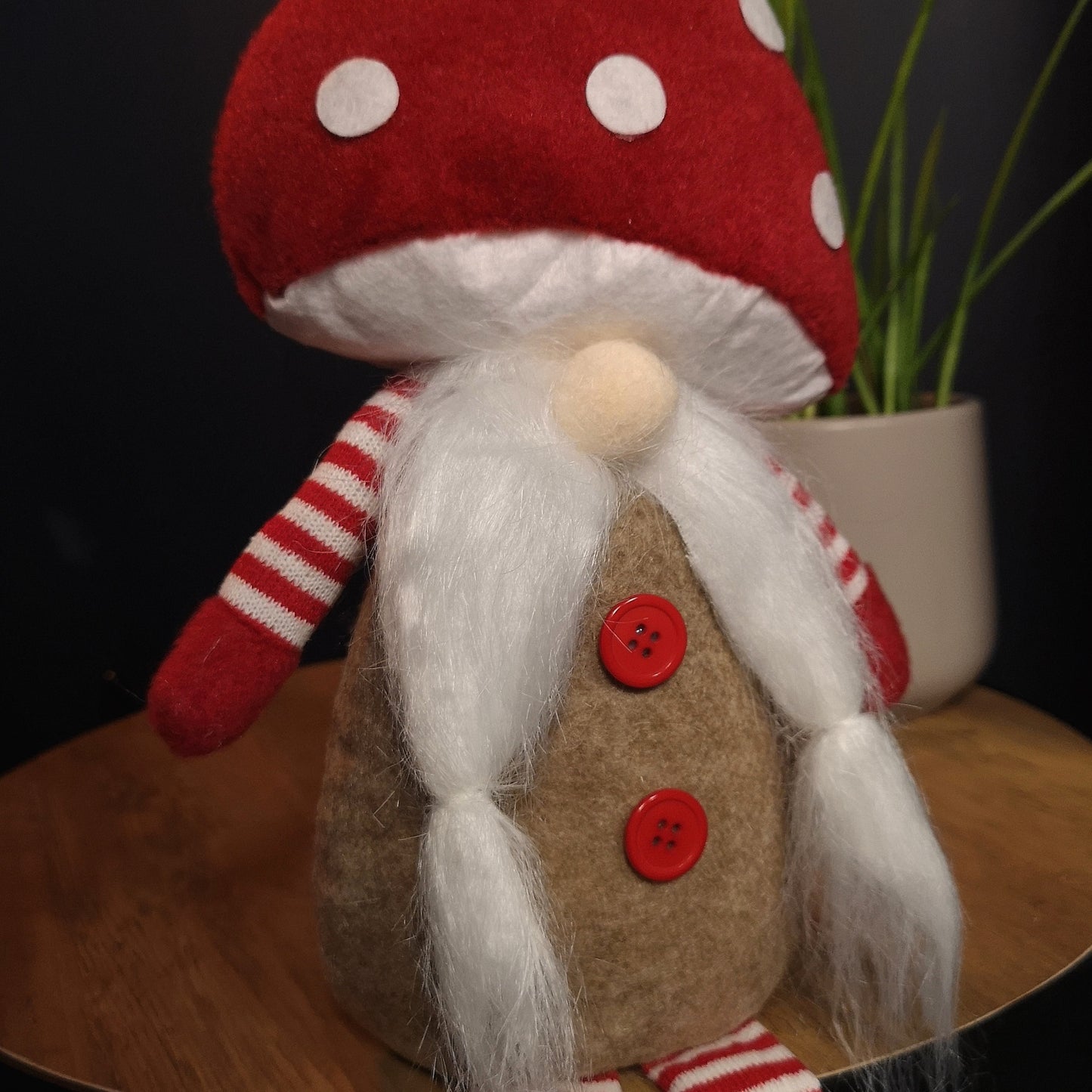 53cm Stripey Red Plush Sitting Christmas Girl Gonk with Dangly Legs and Mushroom Hat