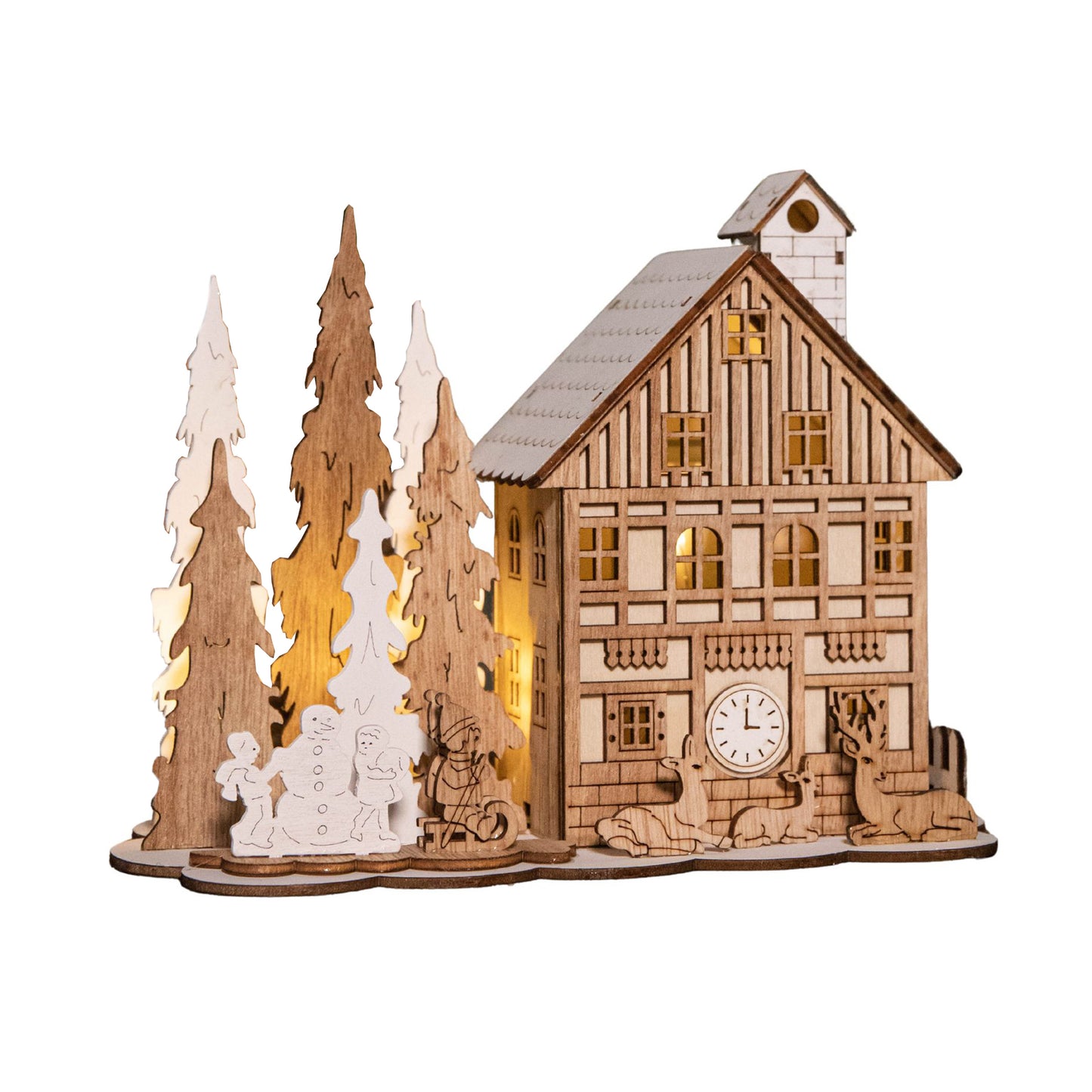 16cm Battery Operated Light up Wooden House Scene with Christmas Trees and Warm White LEDs