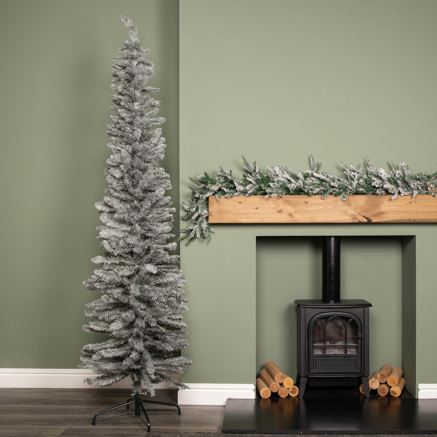 7ft (2.1m) Grey Artificial Pencil Christmas Tree With Green Metal Stand and 401 Tips