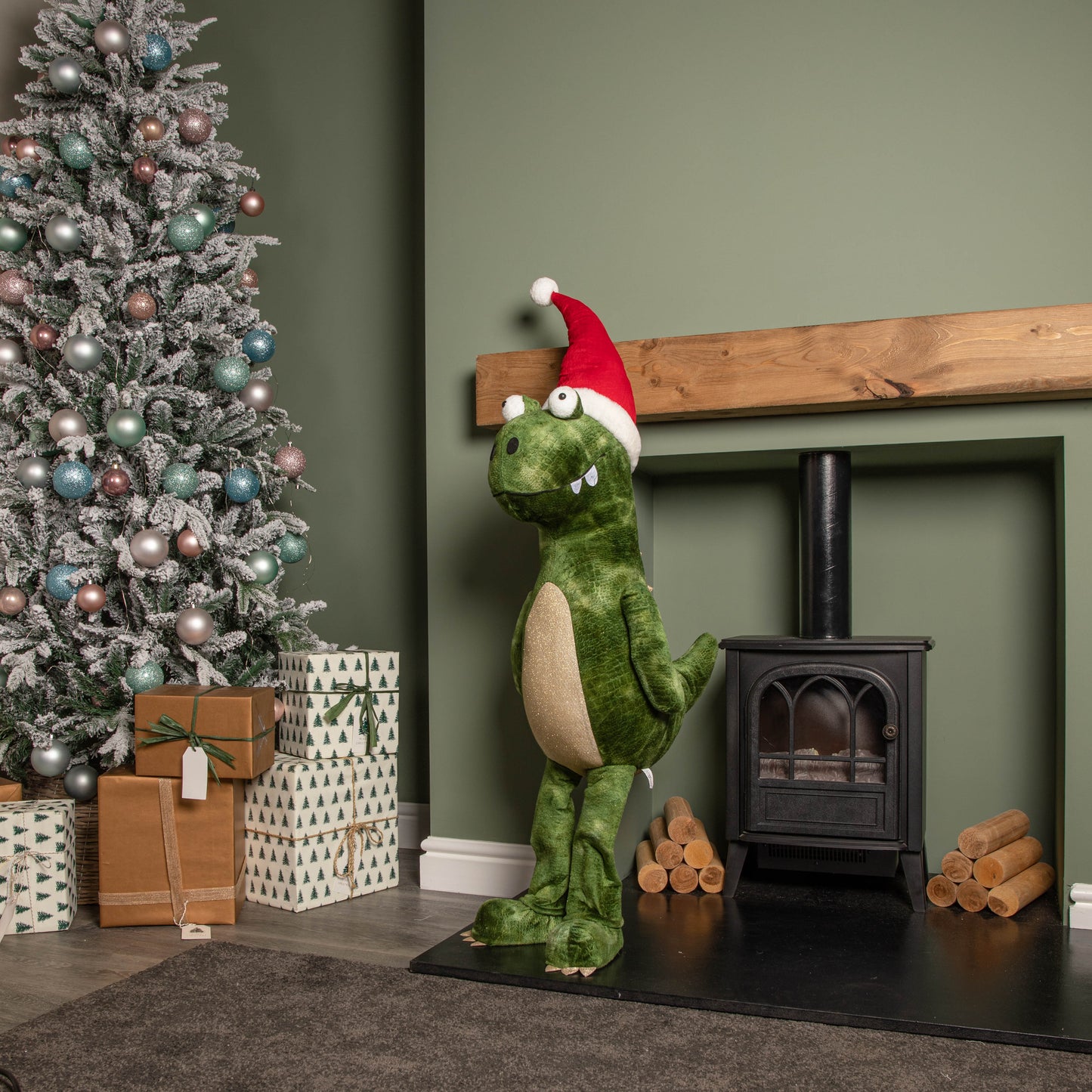 1.17m Humongous Green Standing Christmas Dinosaur with Santa Hat