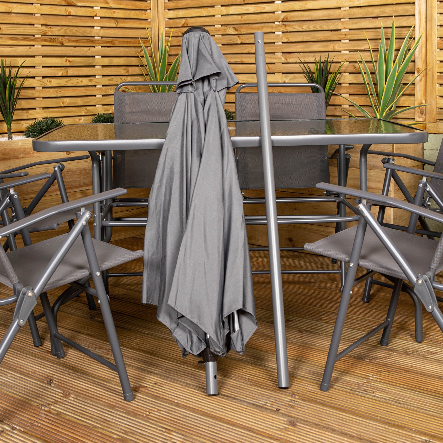 Samuel Alexander Outdoor 6 Seater Glass Top Table and Chairs Patio Set with Parasol in Grey