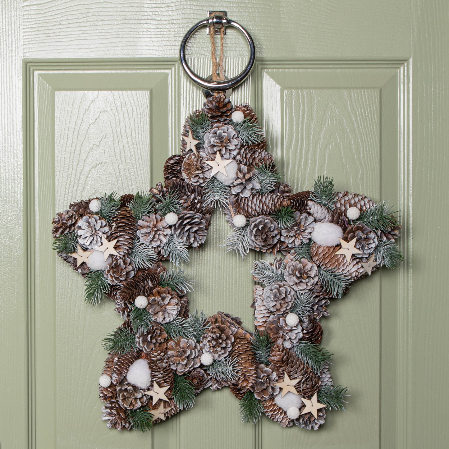 45cm Frosted Hanging Christmas Star Wreath with Pine Cones & Wooden Stars