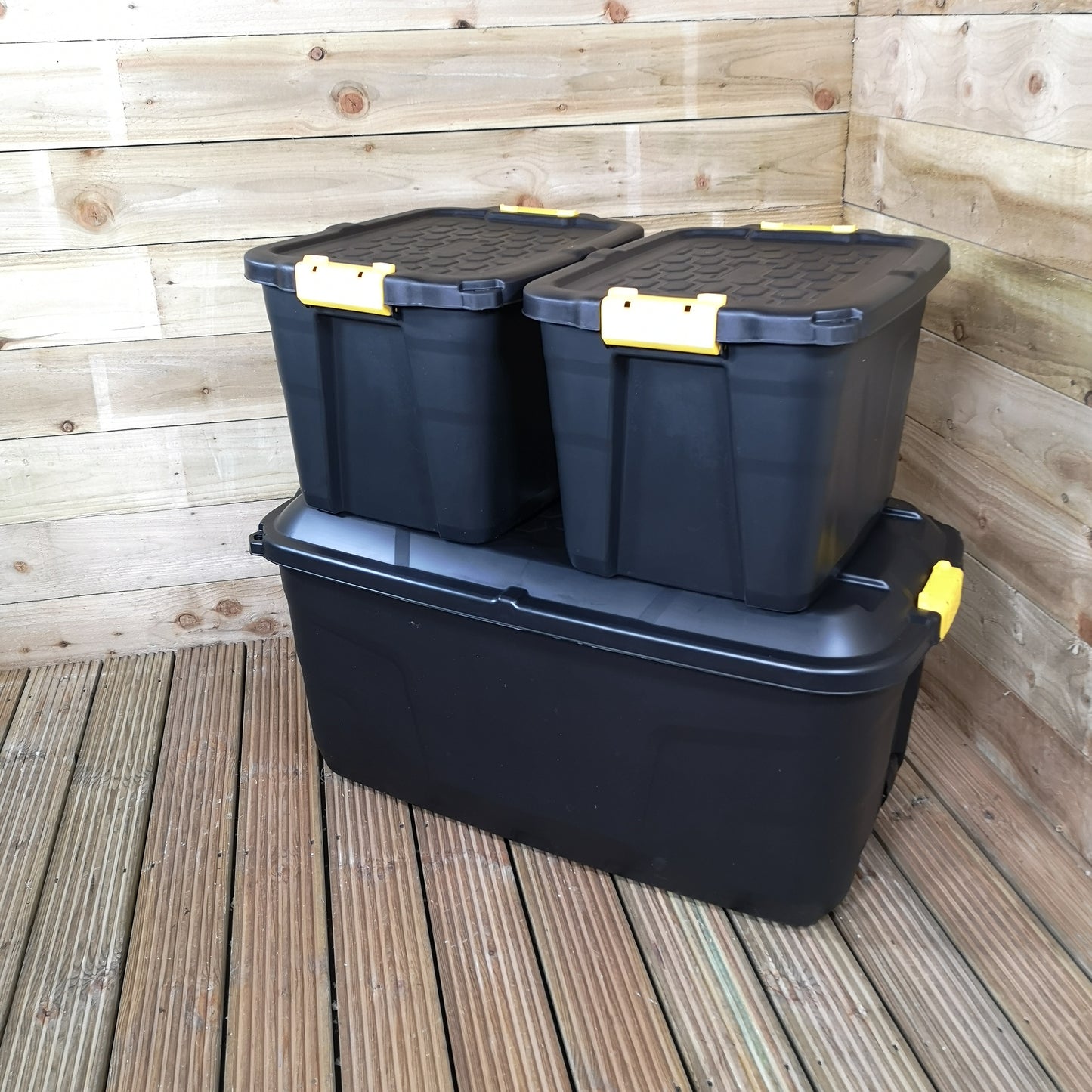 1 x 145L AND 2 x 60L Heavy Duty Trunks 1 on Wheels Sturdy, Lockable, Stackable and Nestable Design Storage Chest with Clips in Black