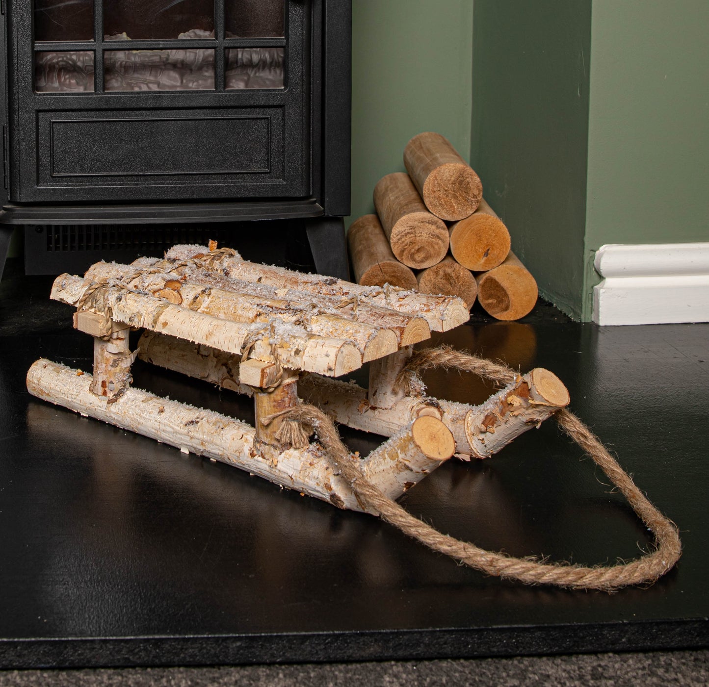 40cm Natural Wooden Christmas Sleigh with Rustic Rope