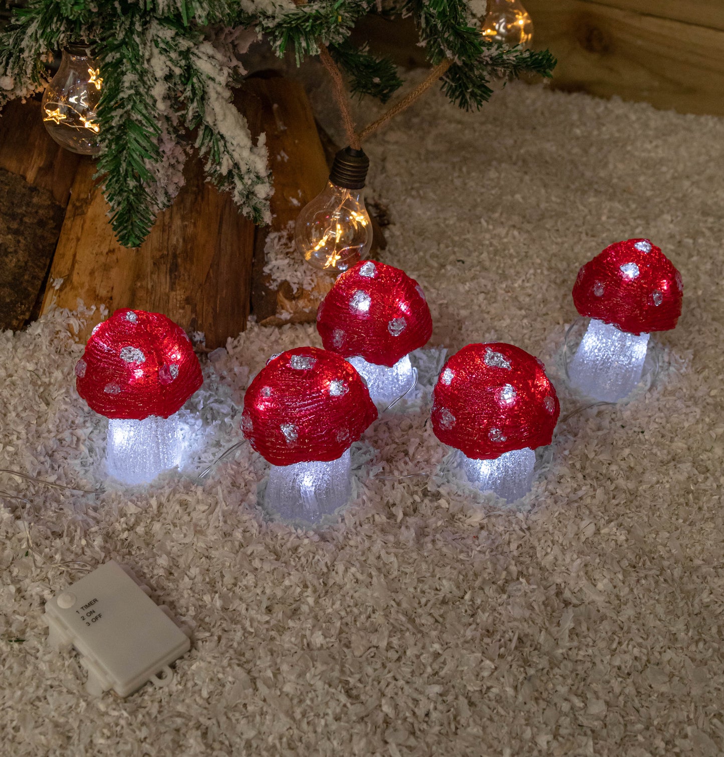 Set of 5 Battery Operated Red & White Acrylic Christmas Mushrooms with Cool White LEDs