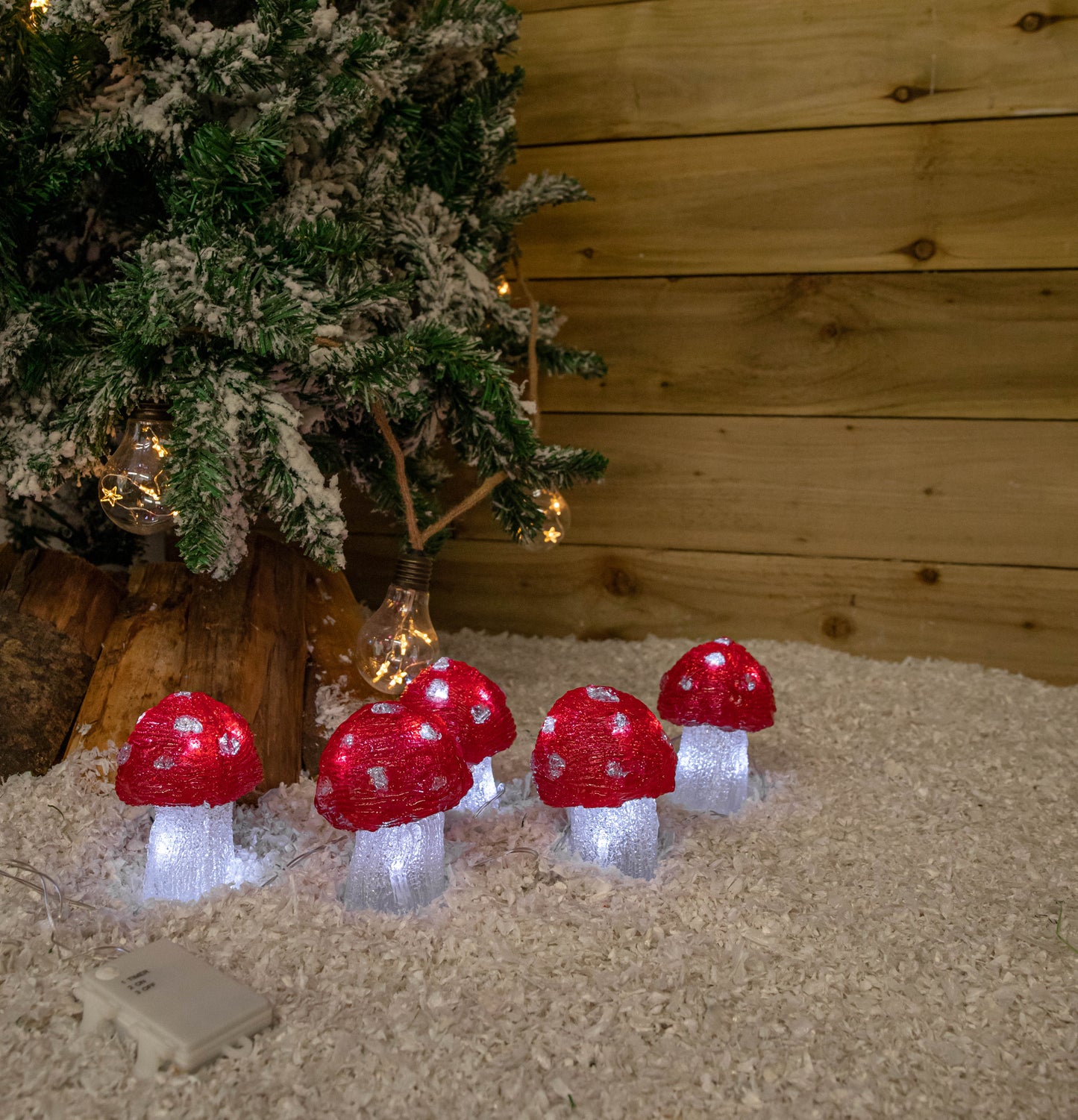 Set of 5 Battery Operated Red & White Acrylic Christmas Mushrooms with Cool White LEDs