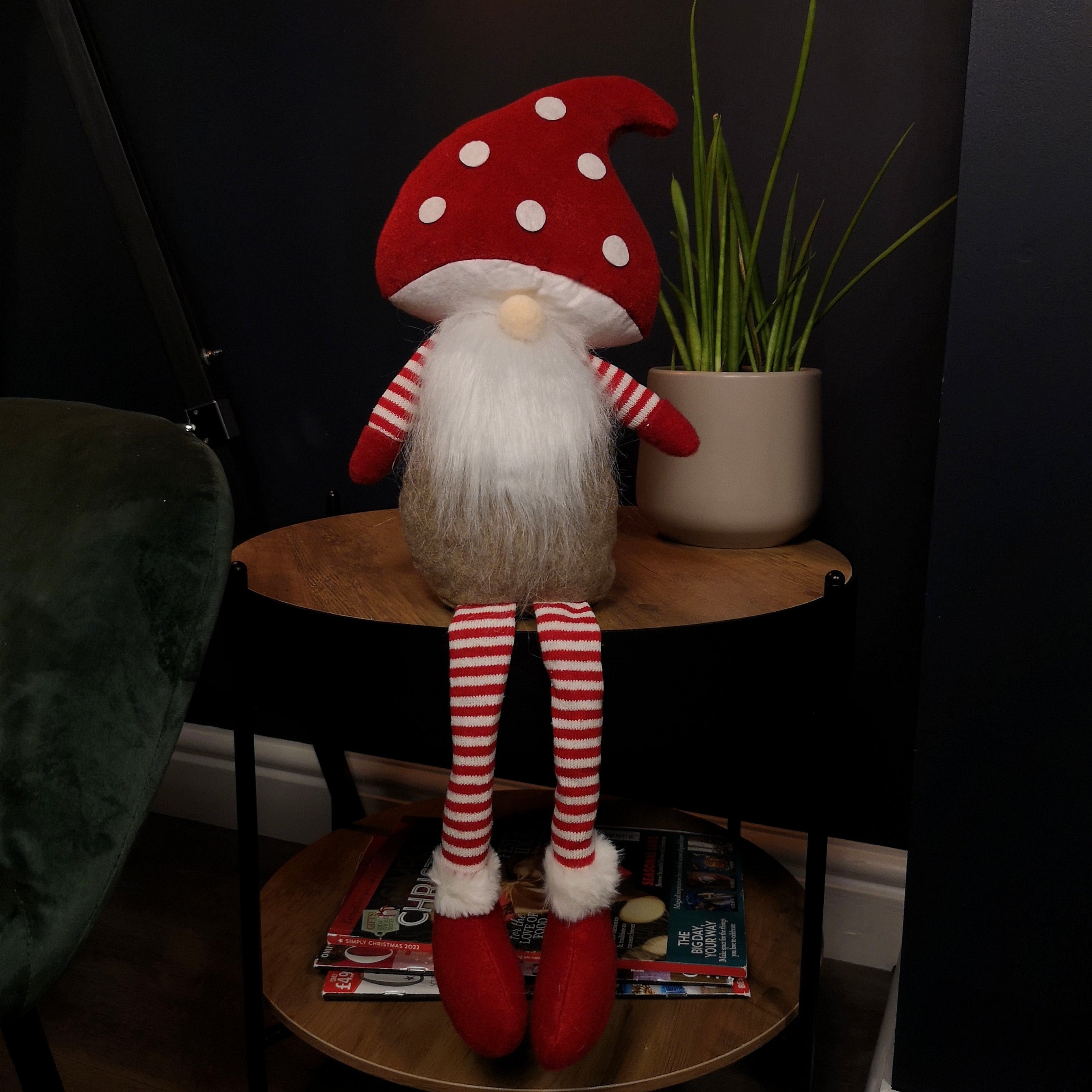 53cm Stripey Red Plush Sitting Christmas Boy Gonk with Dangly Legs and Mushroom Hat