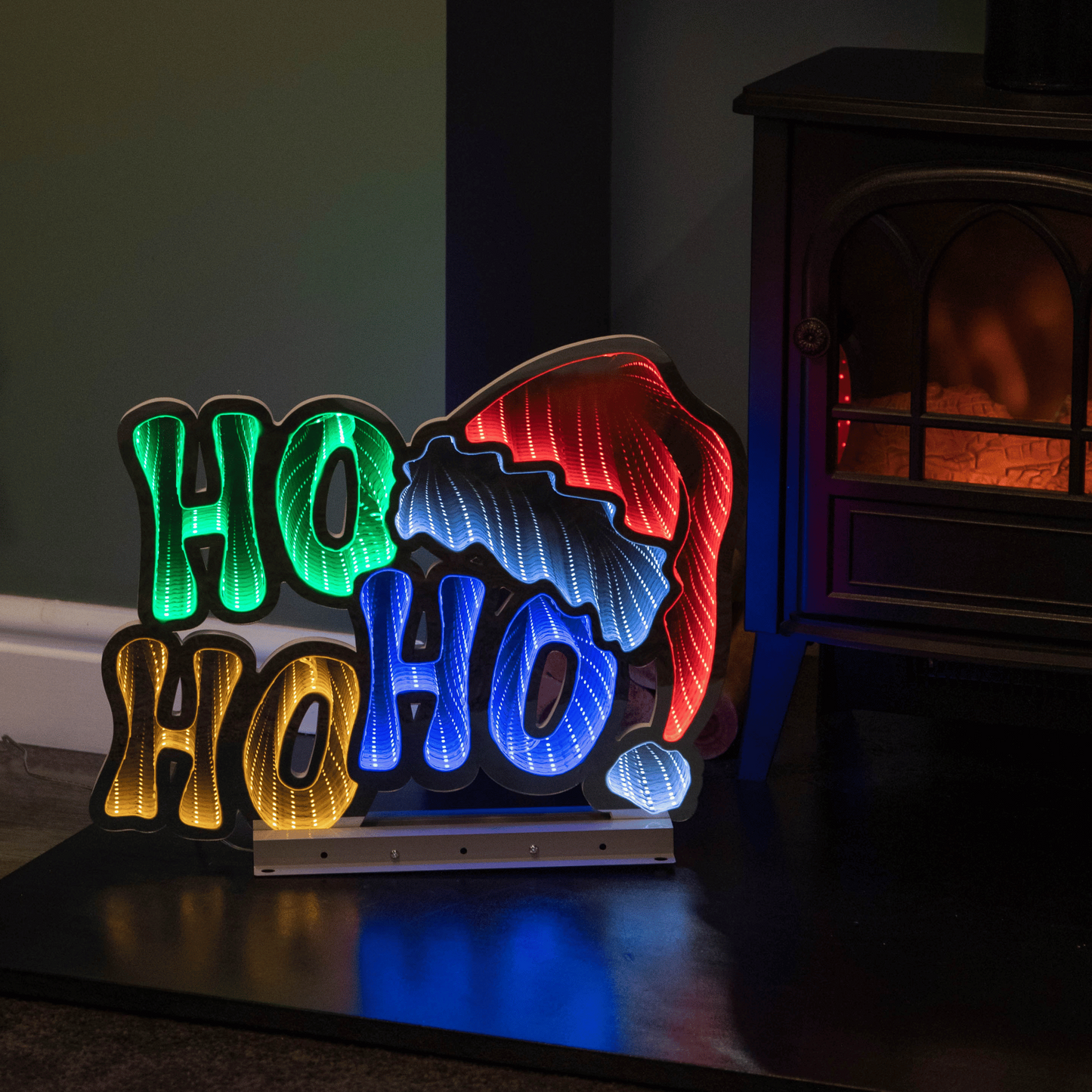 40cm Infinity Ho Ho Ho on Metal Base with Multi-Coloured LEDs