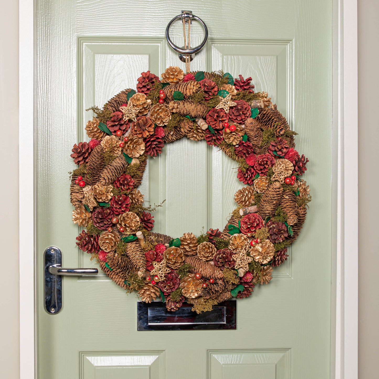 60cm Red Hanging Christmas Wreath with Red Berries and Pinecones 