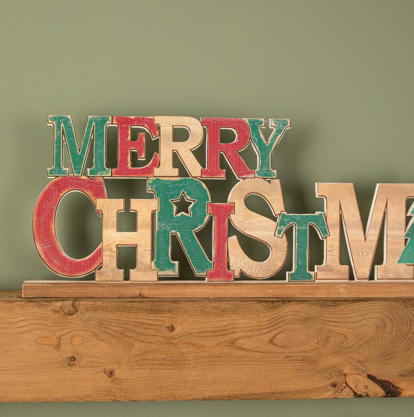 80cm Red and Green Wooden Merry Christmas Table Top Sign