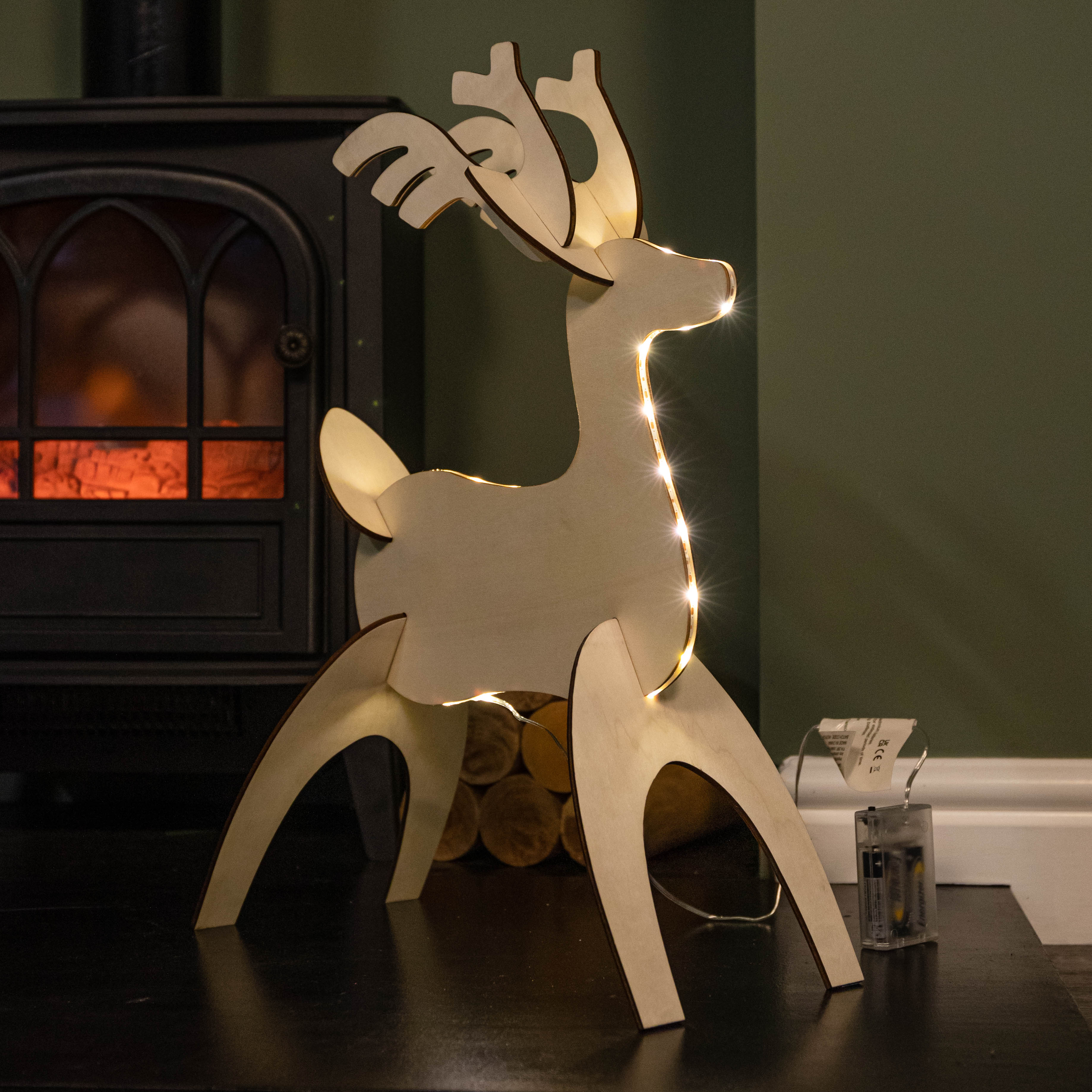 50cm Battery Operated Light up 3D Wooden Christmas Reindeer with 31 Warm White LEDs