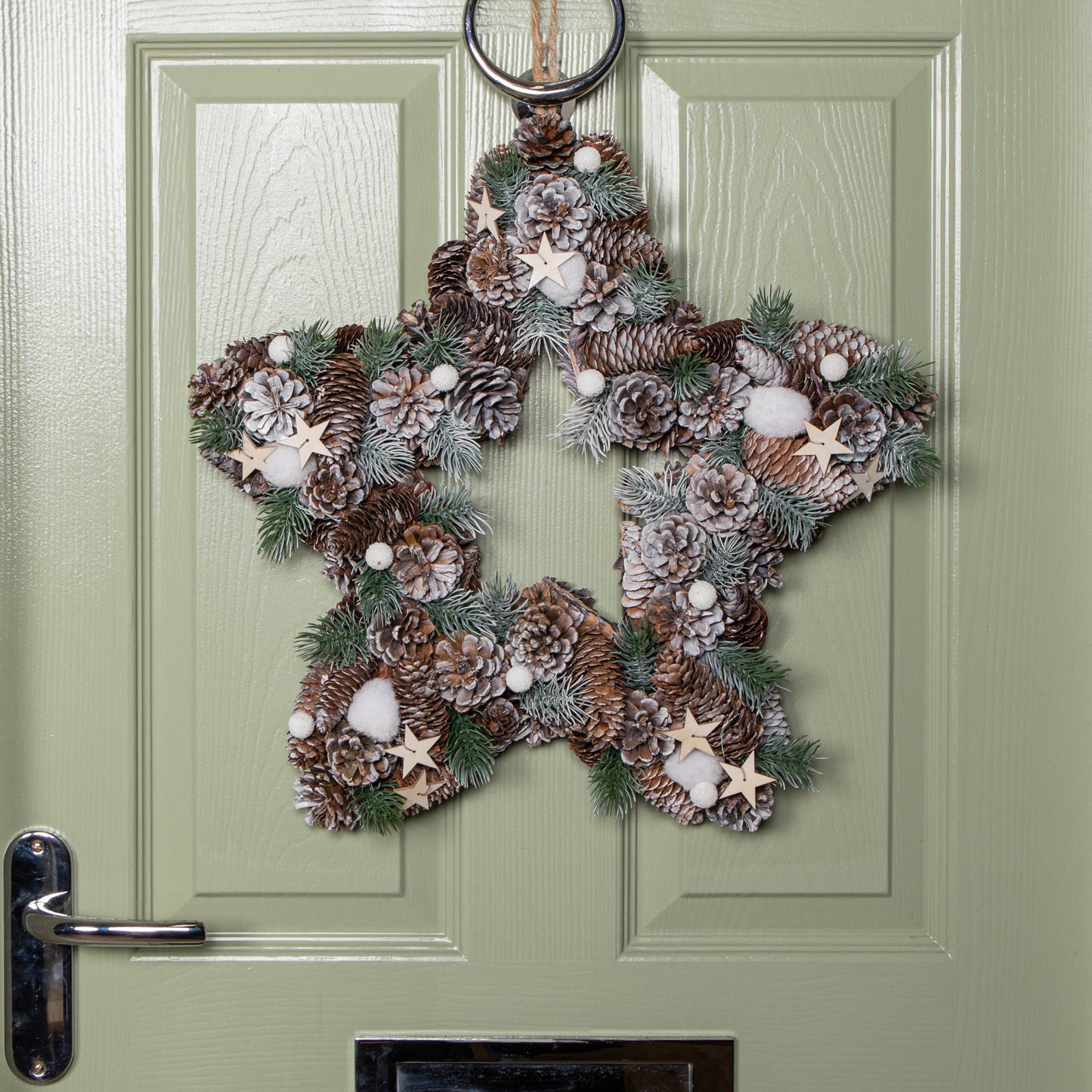 45cm Frosted Hanging Christmas Star Wreath with Pine Cones & Wooden Stars