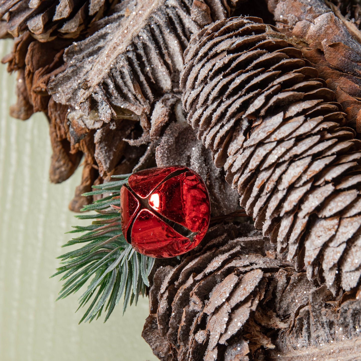 45cm Frosted Hanging Christmas Star Wreath with Red Jingle Bells & Wooden Stars