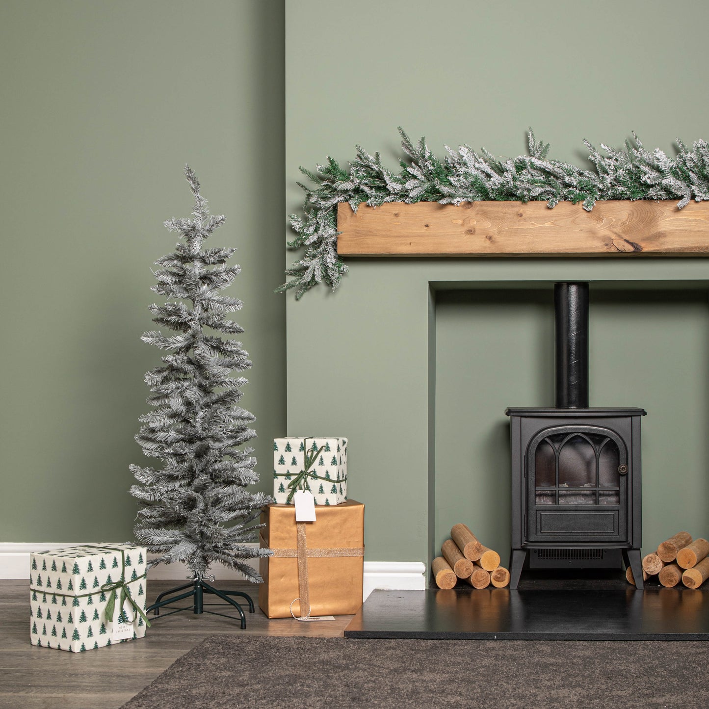 4ft (1.2m) Grey Artificial Pencil Christmas Tree With Green Metal Stand and 168 Tips