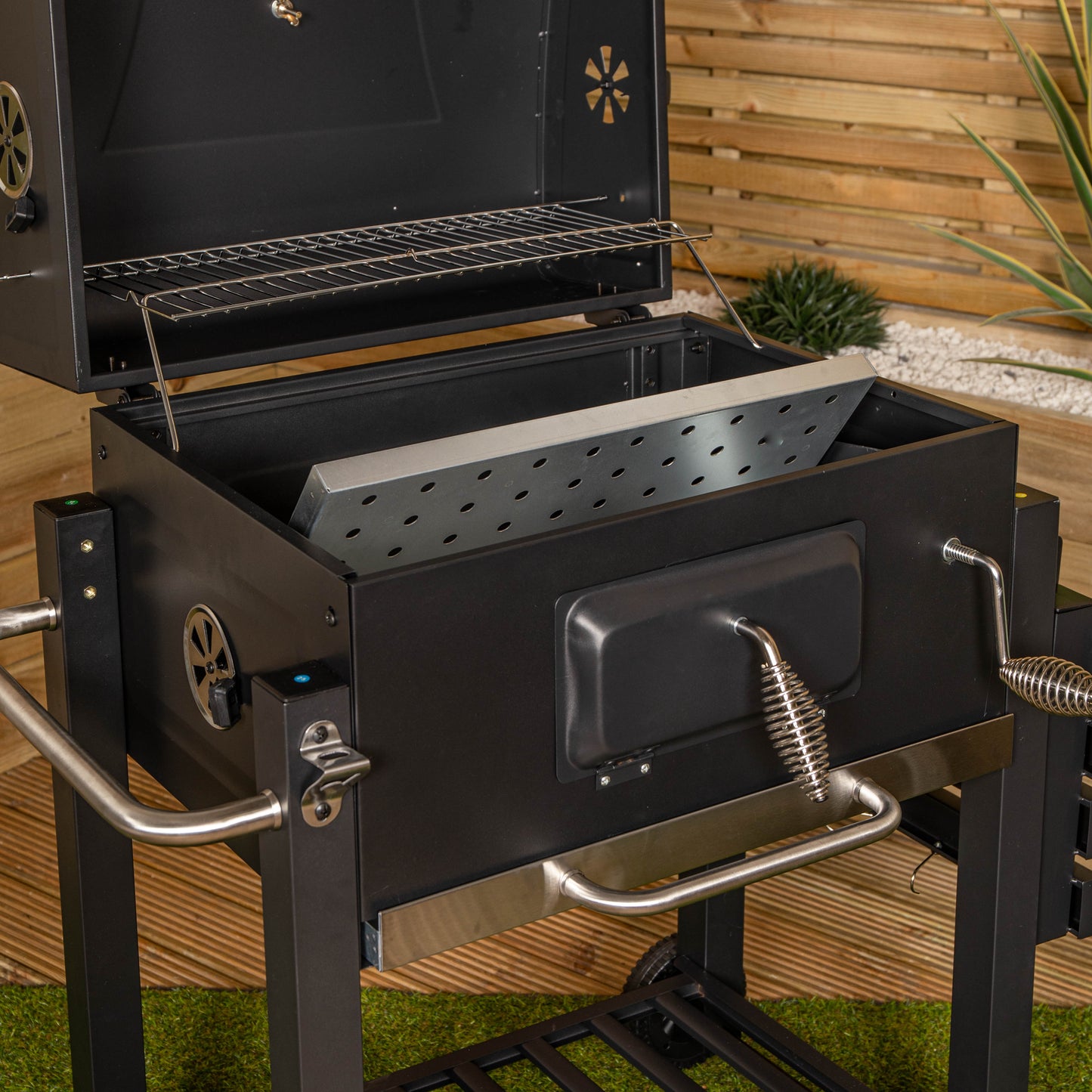 Samuel Alexander 115x46x106cm Black Steel Portable Rectangular BBQ Trolley with Thermometer Gauge and Cover