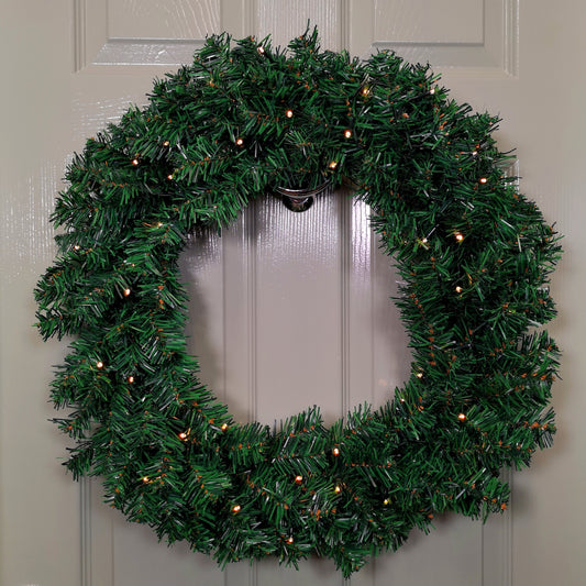 60cm Pre Lit Plain Green Christmas Wreath with Warm White LEDs and 160 Tips