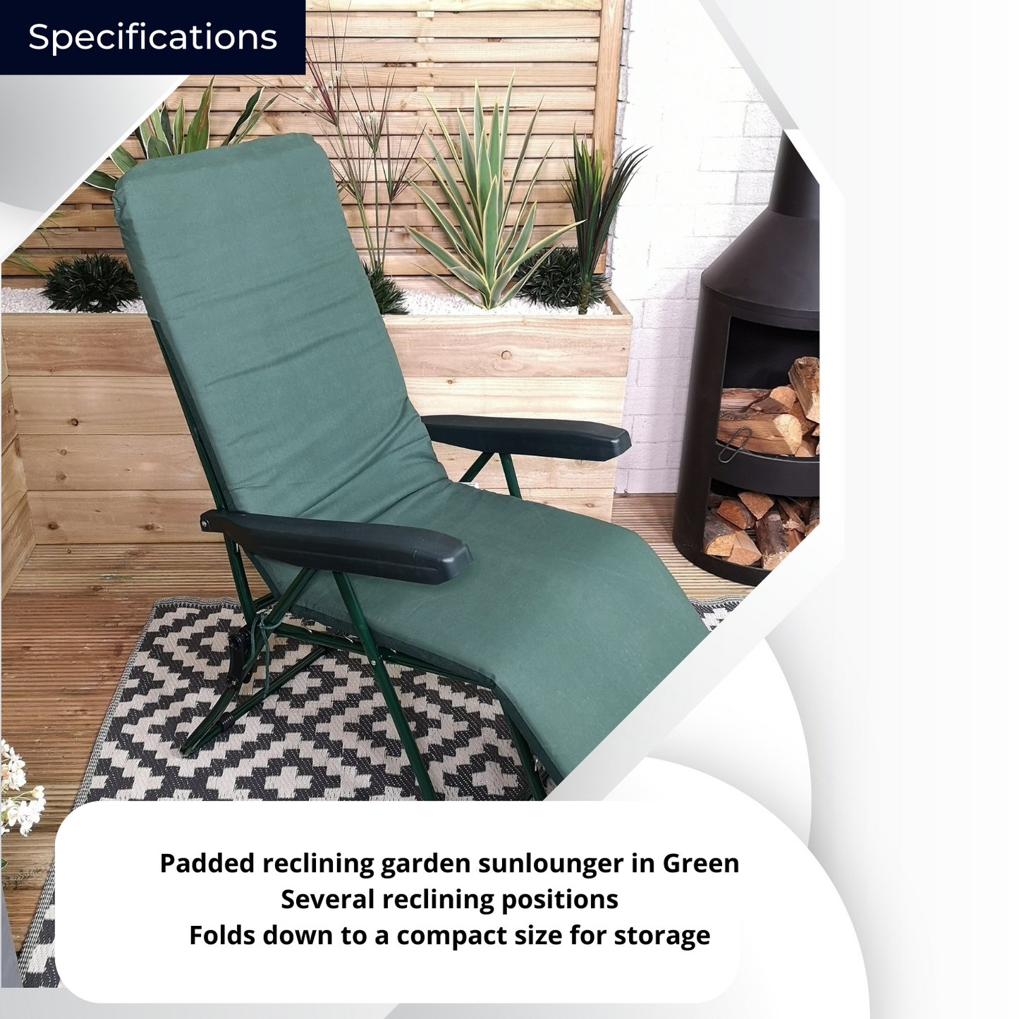 Padded Outdoor Garden Patio Recliner / Sun Lounger in Plain Green