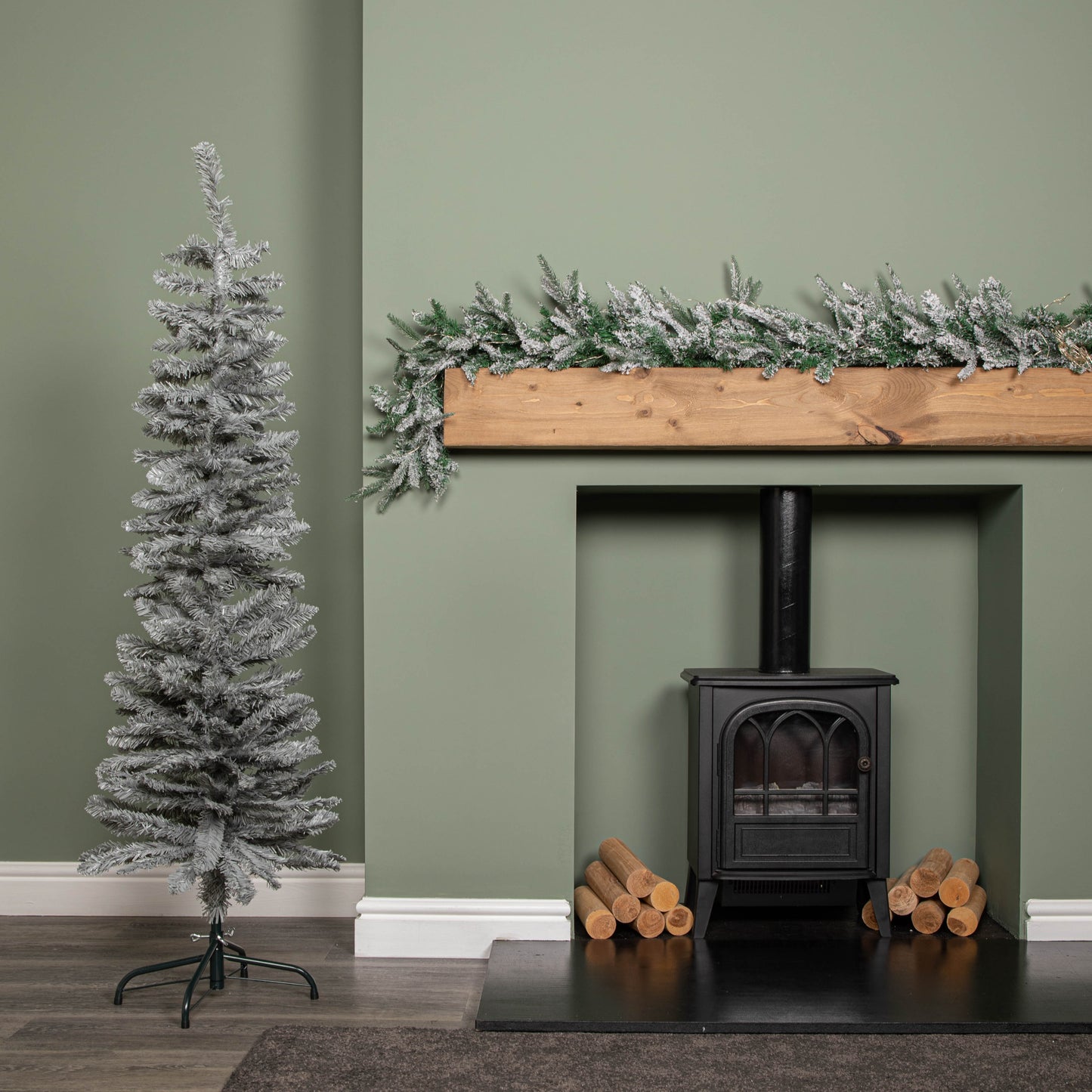 5ft (1.5m) Grey Artificial Pencil Christmas Tree With Green Metal Stand and 236 Tips