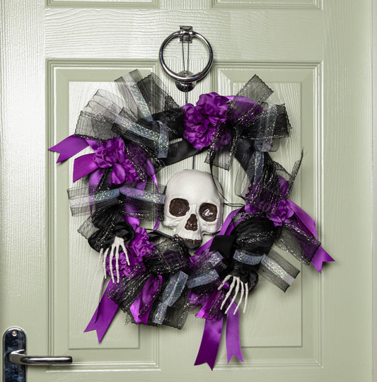 45cm Black and Purple Hanging Halloween Skull Wreath Decoration