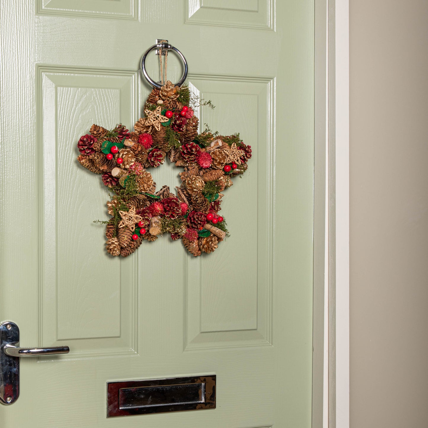 35cm Red Hanging Star Christmas Wreath with Red Berries and Pinecones 