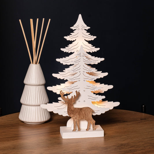 25cm Battery Operated White Wooden Reindeer & Christmas Tree Decoration with Warm White LEDs