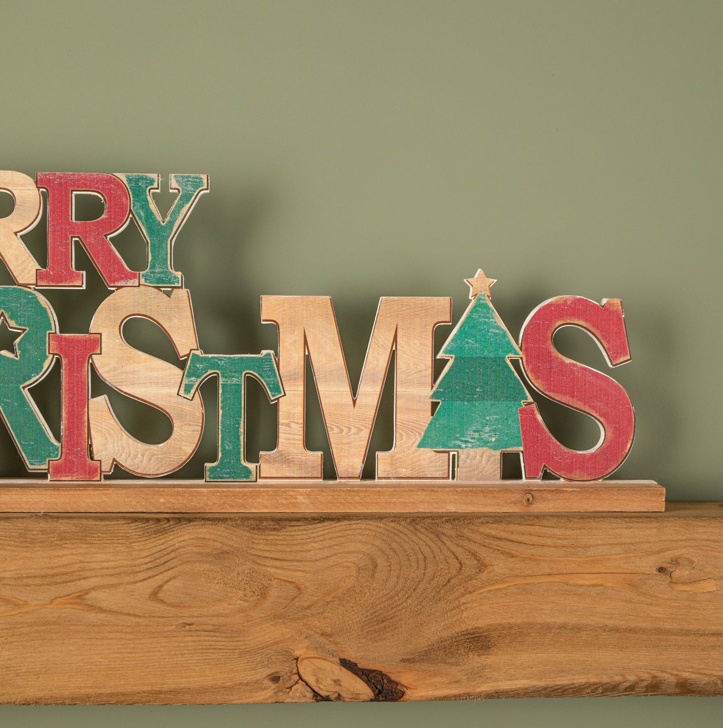 80cm Red and Green Wooden Merry Christmas Table Top Sign