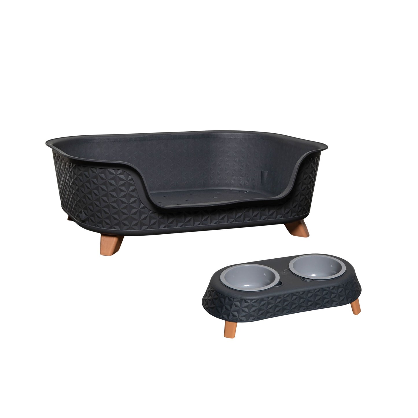 77cm x 58cm Grey Plastic Raised Pet Basket with Legs and Grey Plastic Double Pet Bowl Feeder with Stand Set