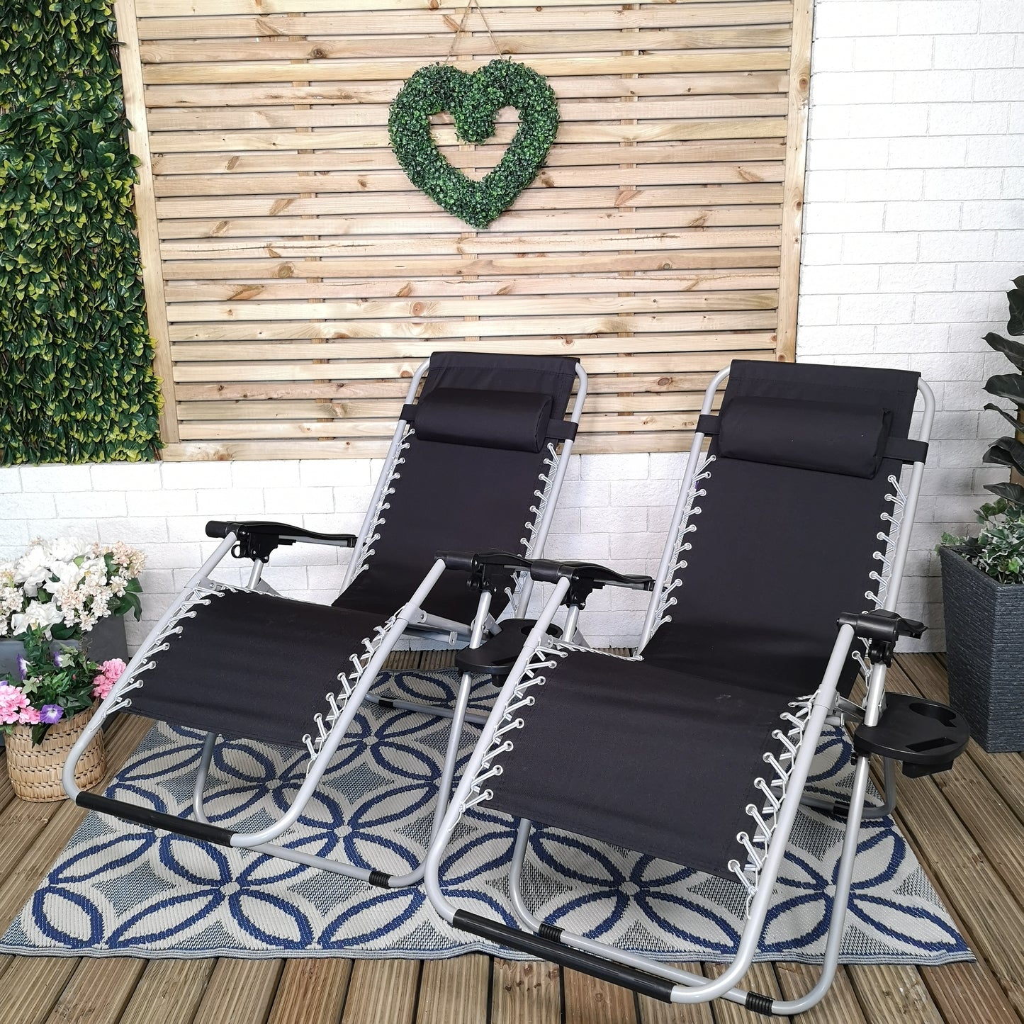 Set of 2 Multi Position Garden Zero Gravity Relaxer Chair Sun Lounger in Black & Silver