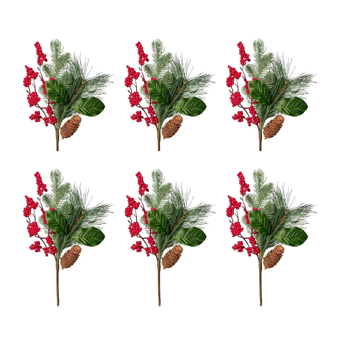 Set of 6 34cm Christmas Pick with Red Berries and Pinecones