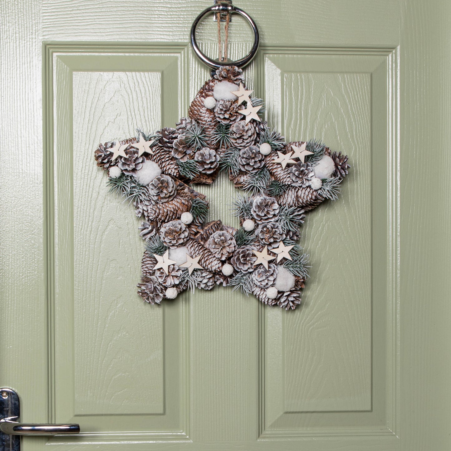 35cm Frosted Hanging Christmas Star Wreath with Pine Cones & Wooden Stars