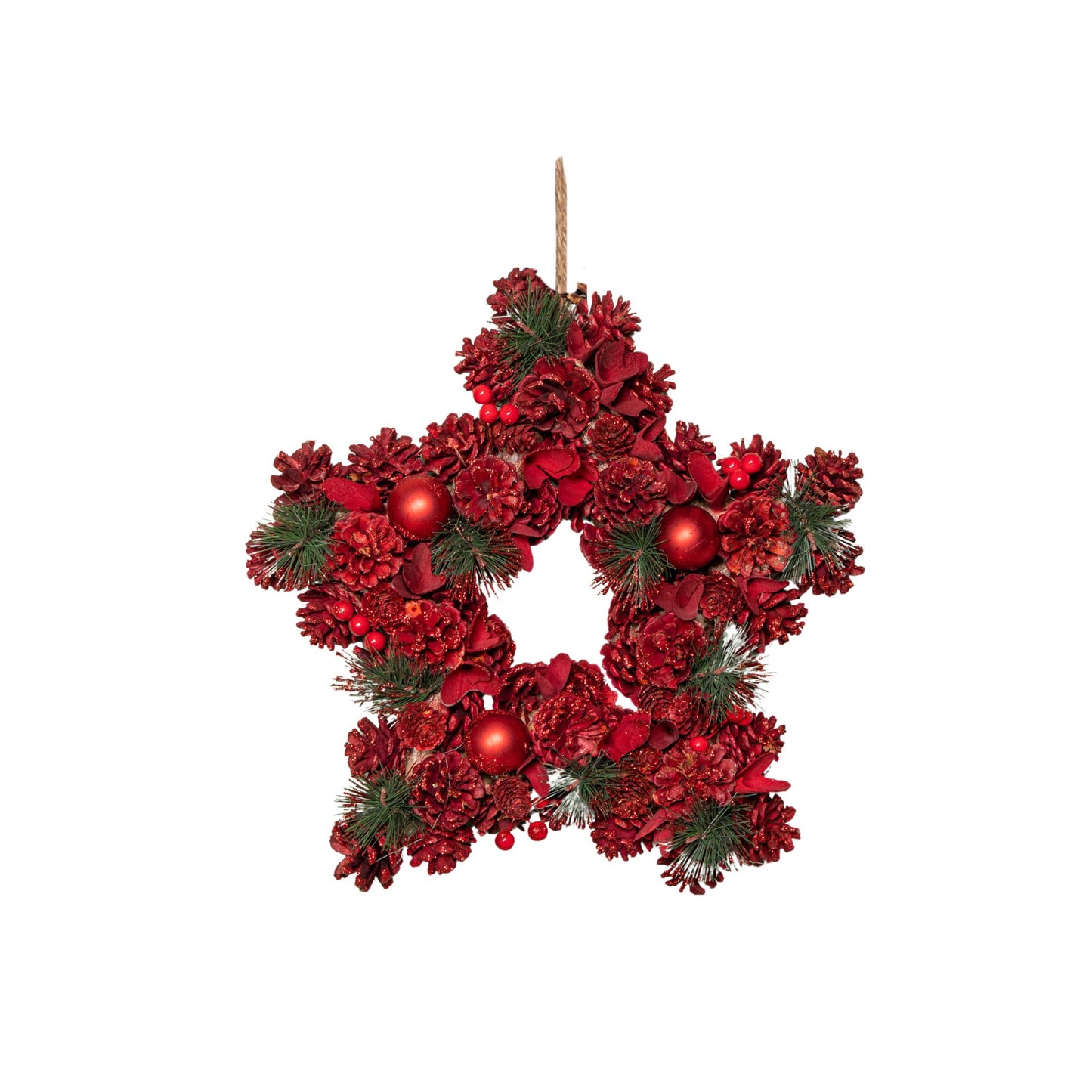 35cm Ruby Pine Hanging Christmas Star Wreath with Red Pinecones and Berries