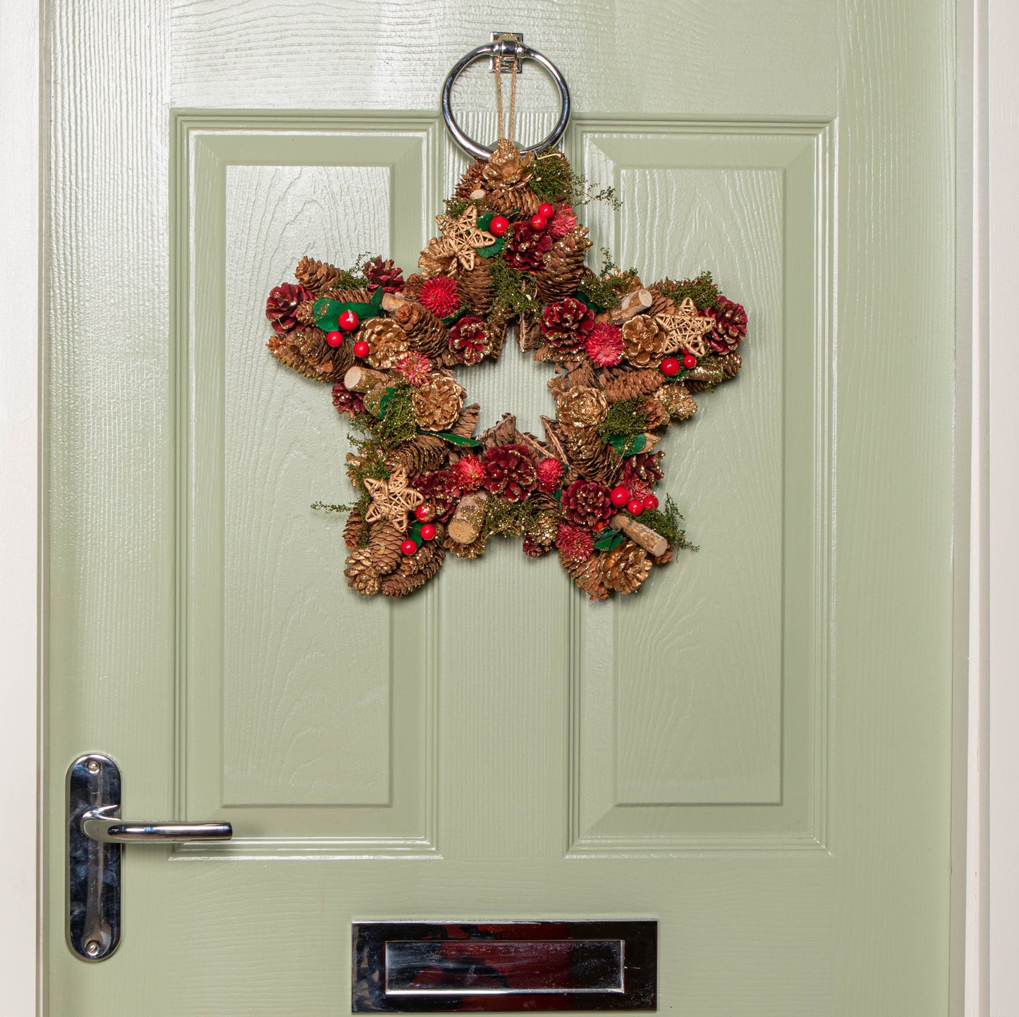 35cm Red Hanging Star Christmas Wreath with Red Berries and Pinecones 