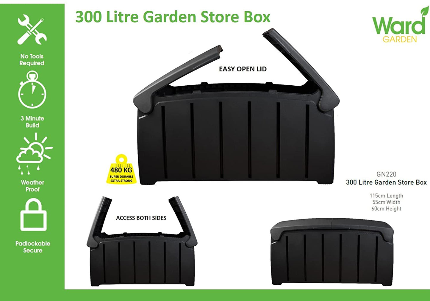 Black 115cm x 55cm x 60cm Butterfly Opening Top 300 Litre Large Garden Storage Box Weatherproof with Padlock Hole