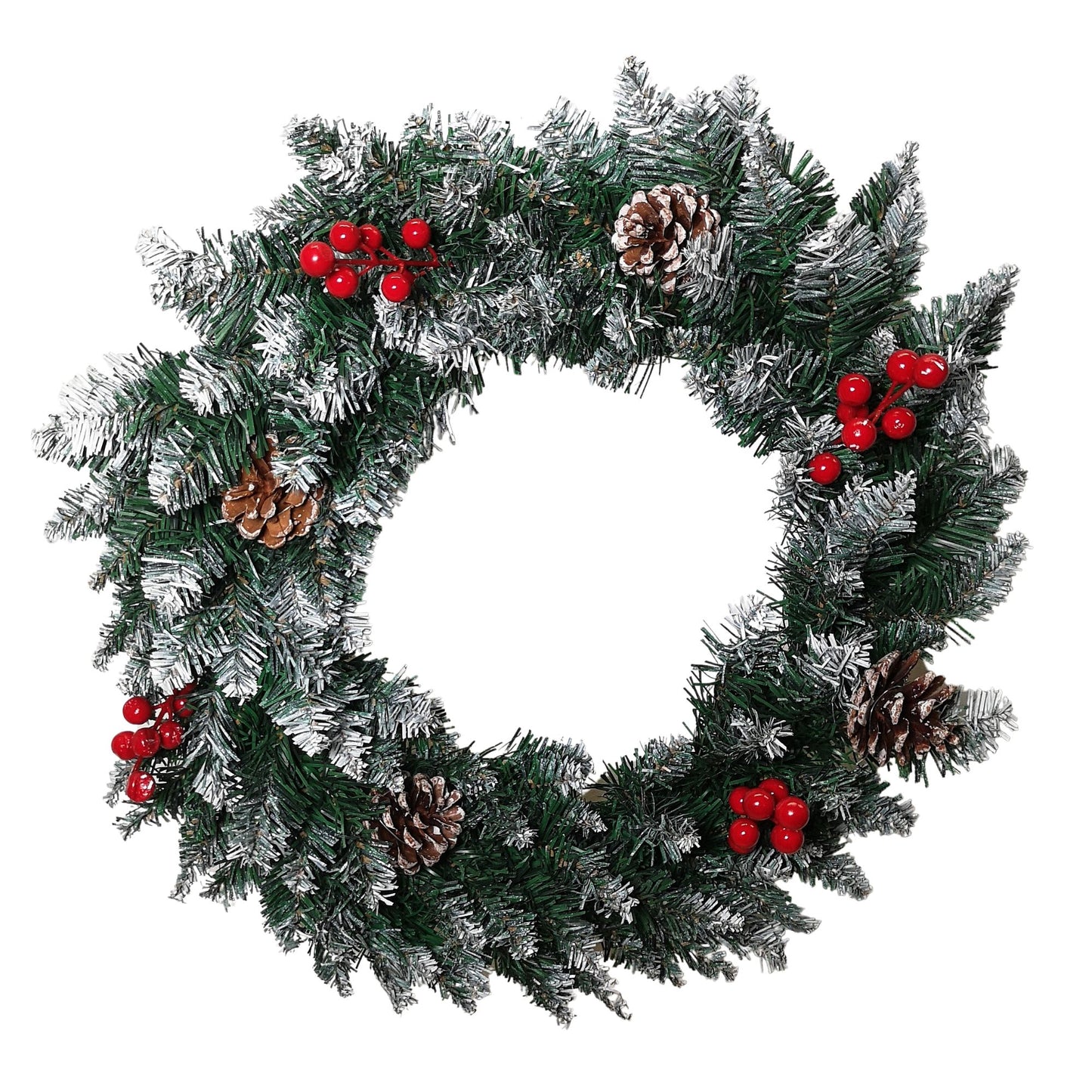 45cm Snow Tipped Green Wreath Christmas Decoration with 125 Tips, Pine Cones and Berries