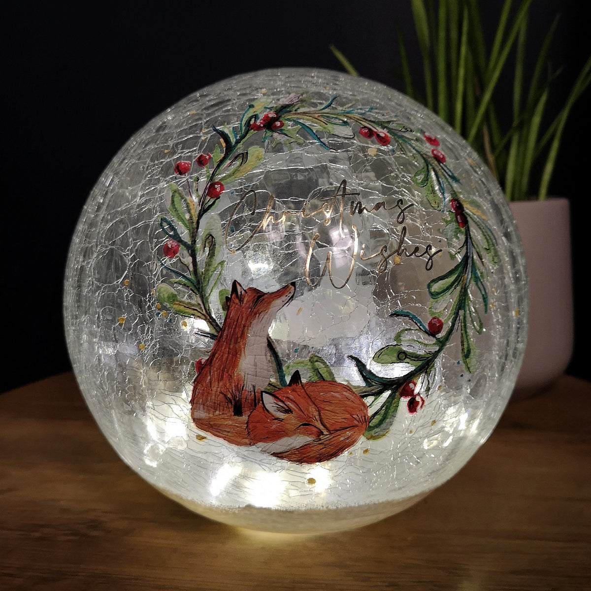 20cm Battery Operated Warm White LED Crackle Effect Ball Christmas Decoration with Christmas Wishes and Fox