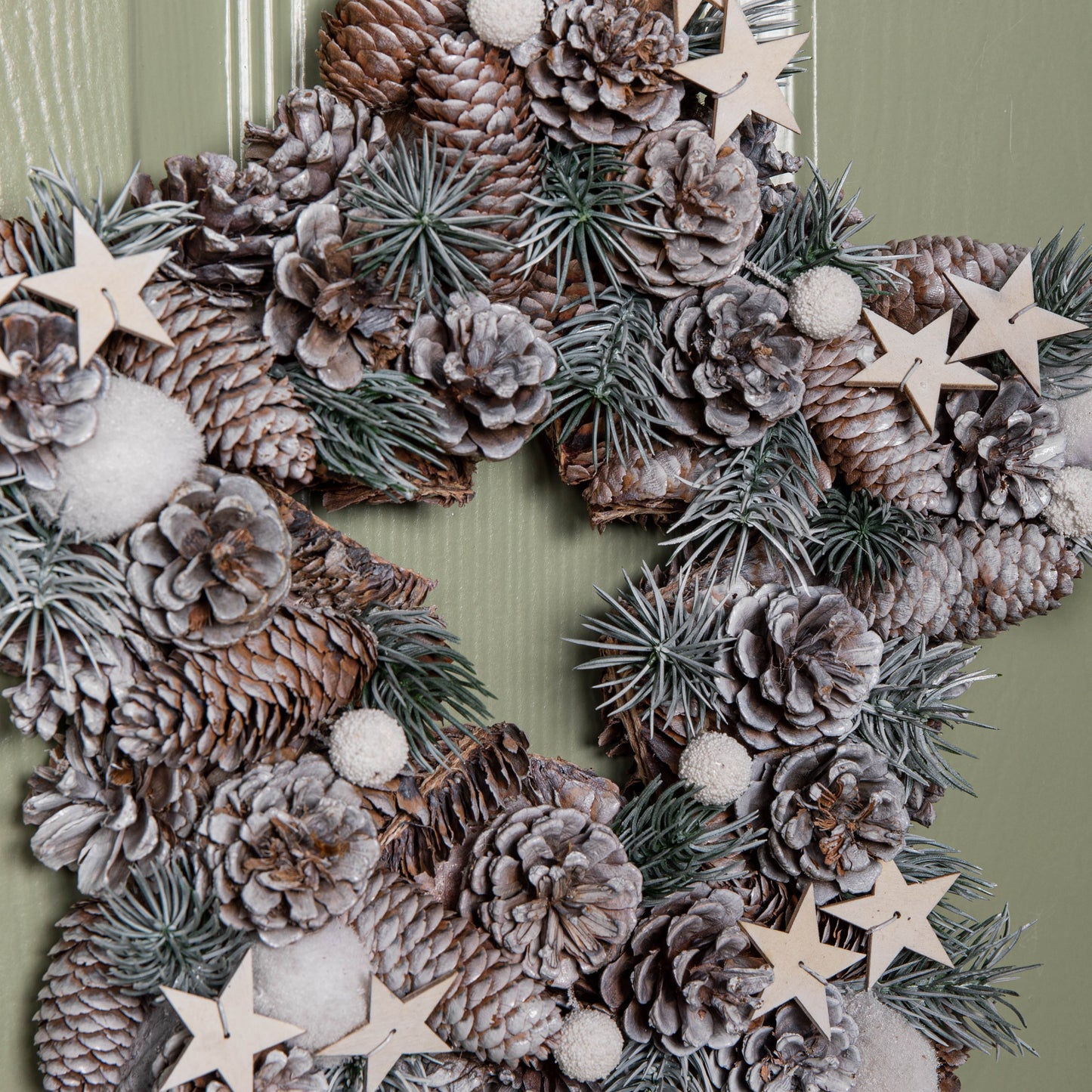 35cm Frosted Hanging Christmas Star Wreath with Pine Cones & Wooden Stars