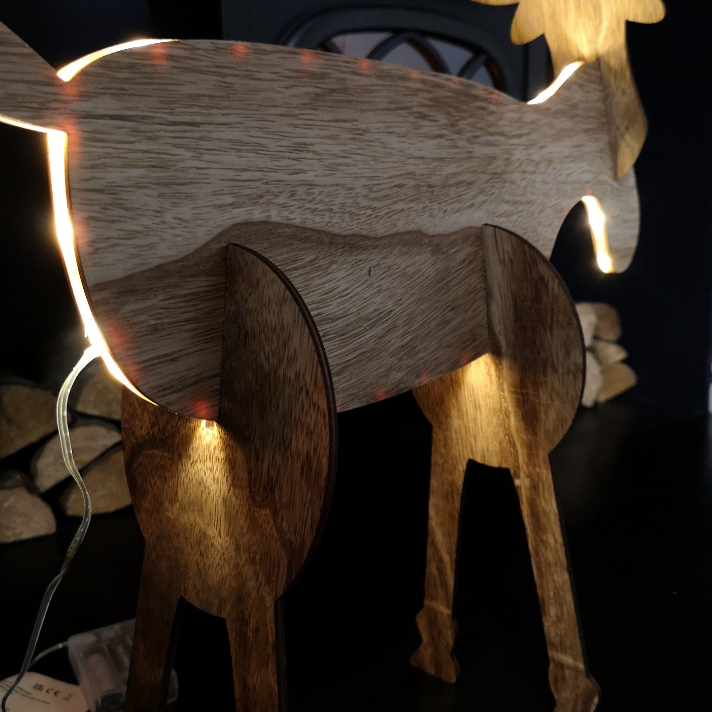 56cm Battery Operated Light up 3D Wooden Christmas Reindeer with Warm White LEDs