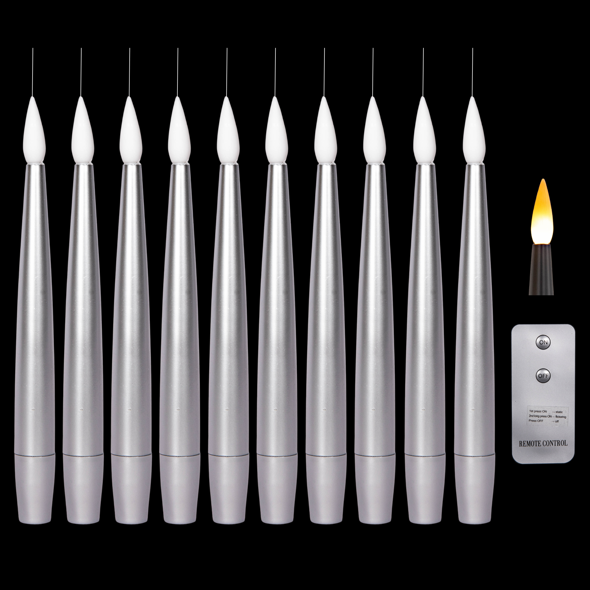 Set of 10 15cm Floating Silver LED Battery Candles in Warm White with Remote Control