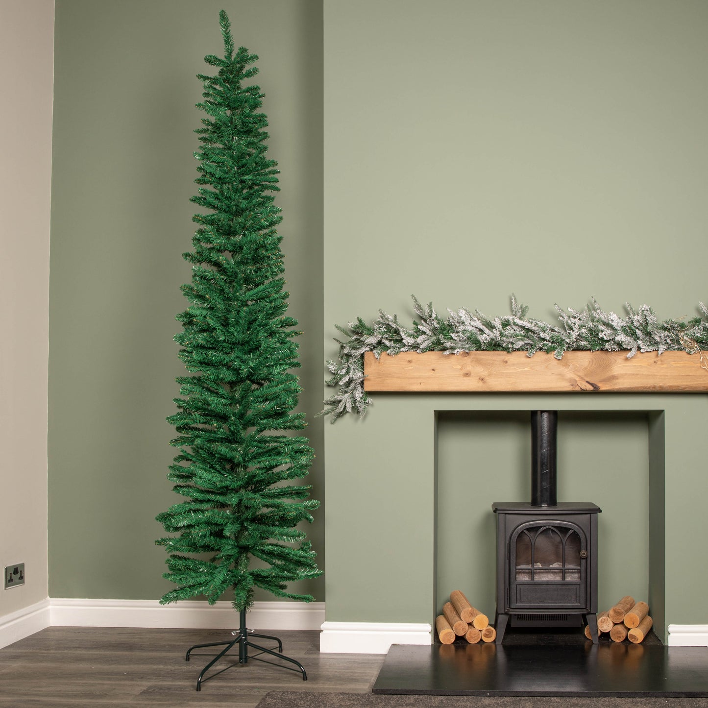 8ft (2.4m) Green Artificial Pencil Christmas Tree With Green Metal Stand and 460 Tips