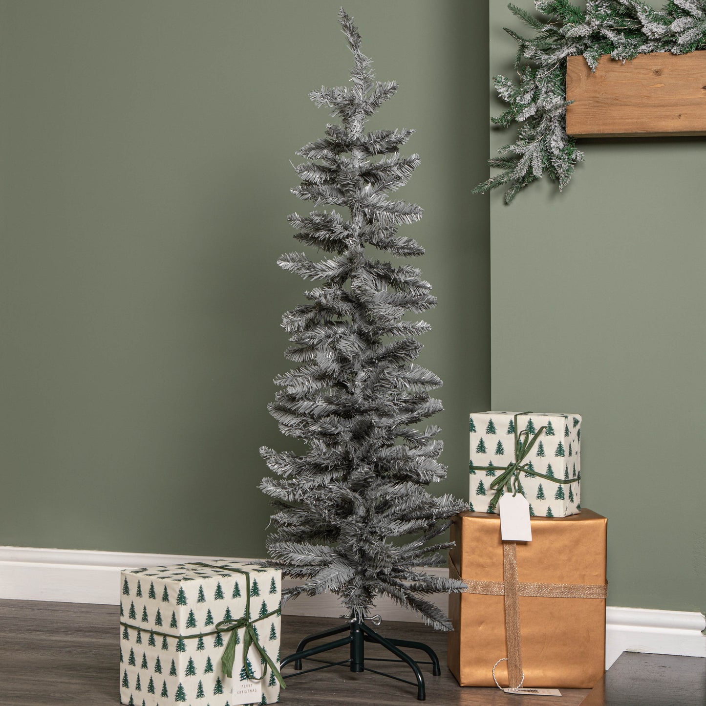 4ft (1.2m) Grey Artificial Pencil Christmas Tree With Green Metal Stand and 168 Tips