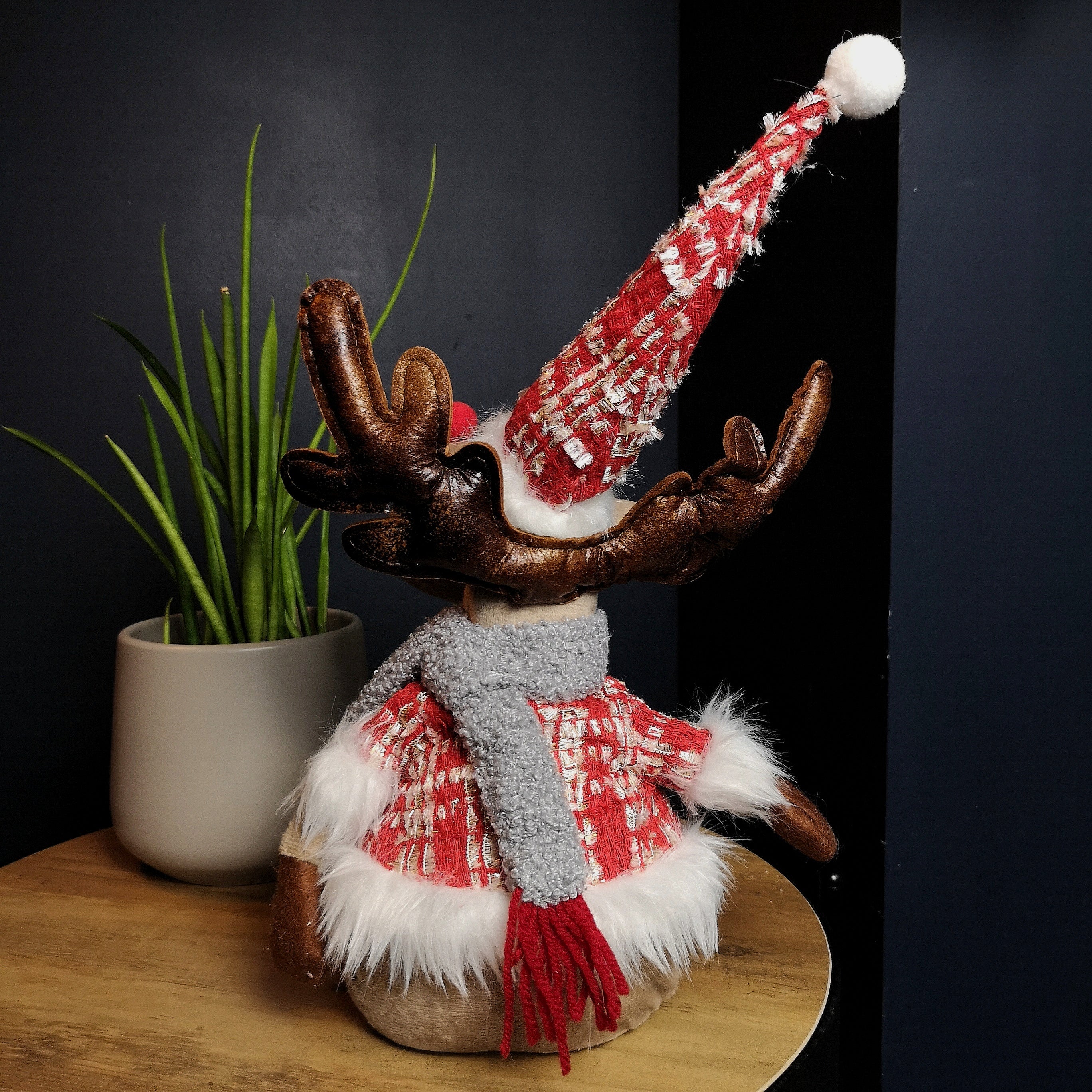 38cm Plush Reindeer Christmas Decoration with Hat and Scarf in Red