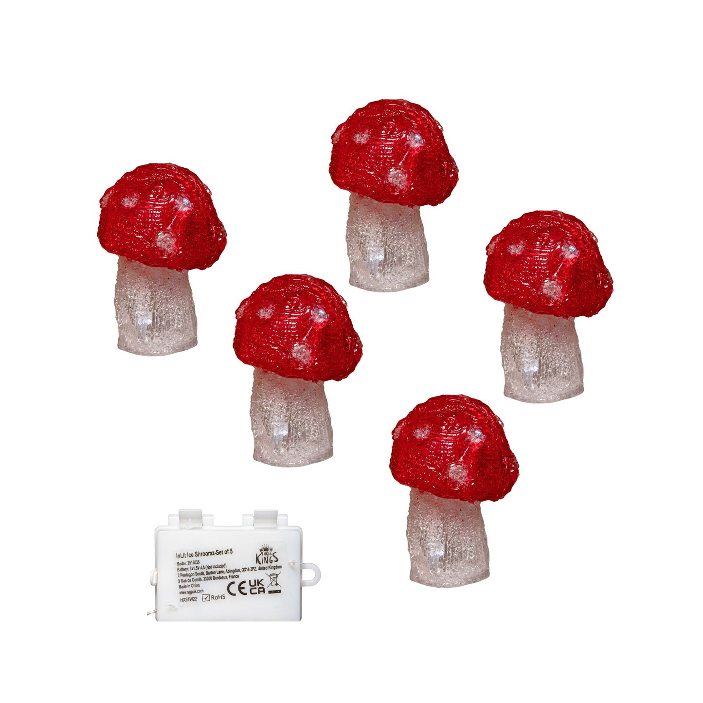 Set of 5 Battery Operated Red & White Acrylic Christmas Mushrooms with Cool White LEDs