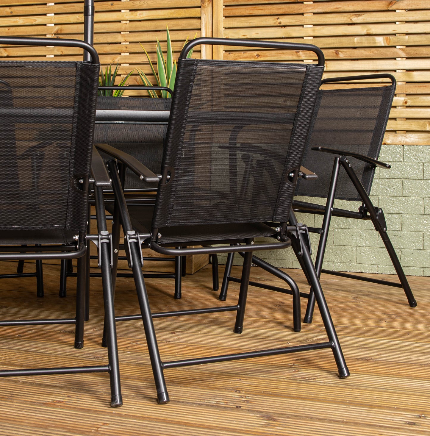 Samuel Alexander Outdoor 6 Seater Glass Top Table and Chairs Patio Set with Parasol in Black